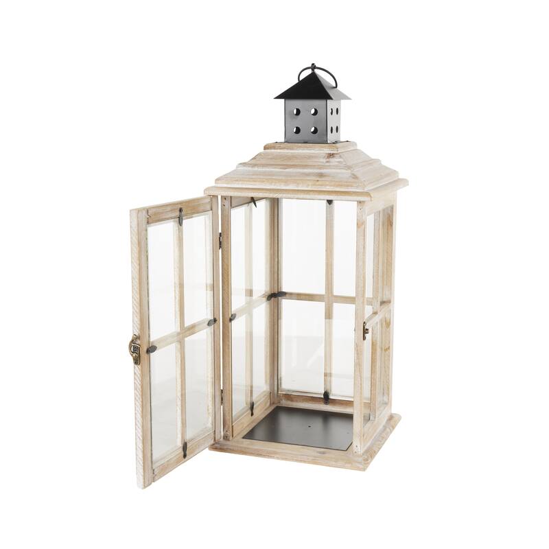 Brown or Light Brown Wood Lighthouse Style Decorative Indoor Outdoor Candle Lantern with Black Ring Handle