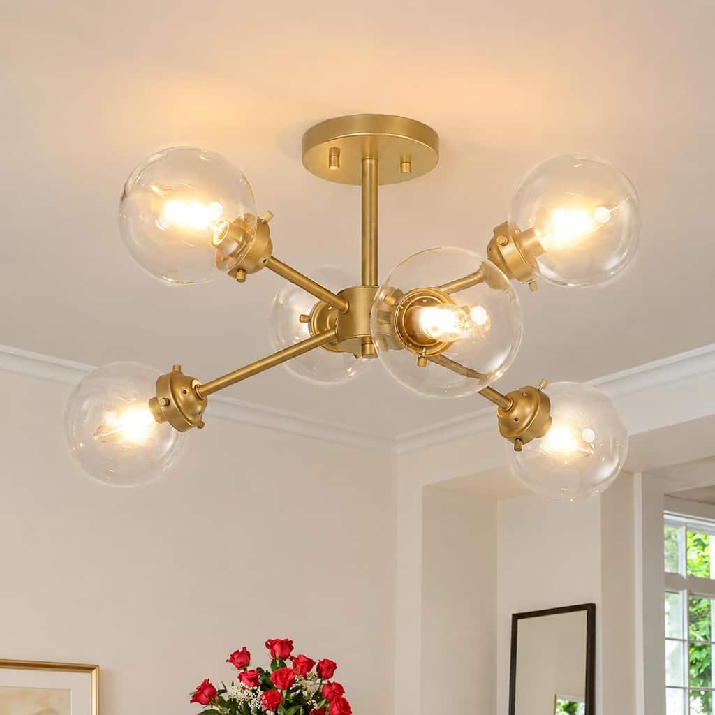 Bela Modern Gold 6-Light Chandelier Sputnik Semi-Flush Mount Ceiling Light