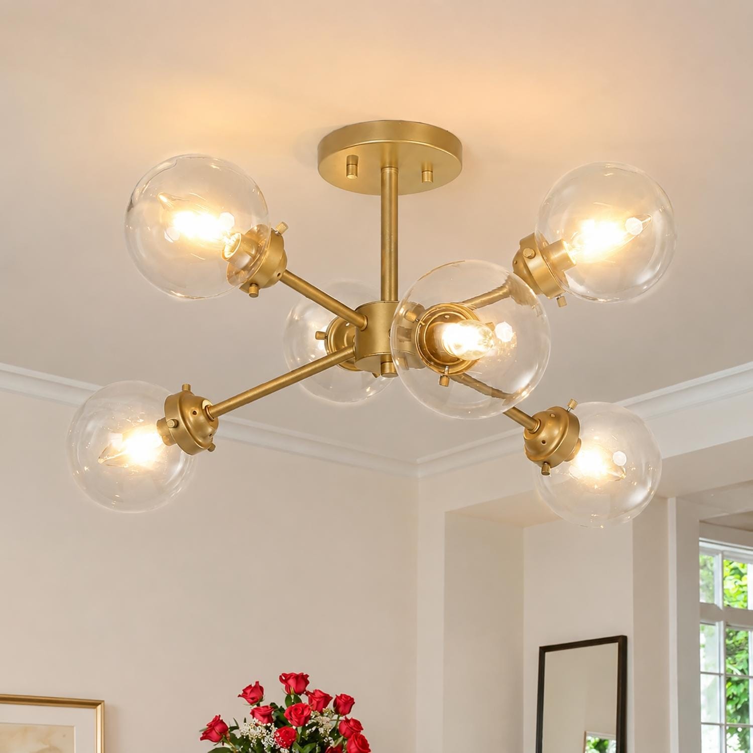 Bela Modern Gold 6-Light Chandelier Sputnik Semi-Flush Mount Ceiling Light