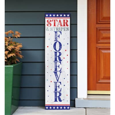 HomeRoots 36" Blue Red And White Solid Wood Stars and Stripes July Fourth Fireworks Porch Sign