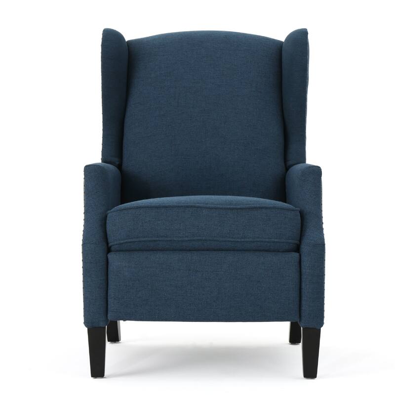 Manual Recliner Chair, Wingback and Nailhead Trim, Navy Blue Polyester
