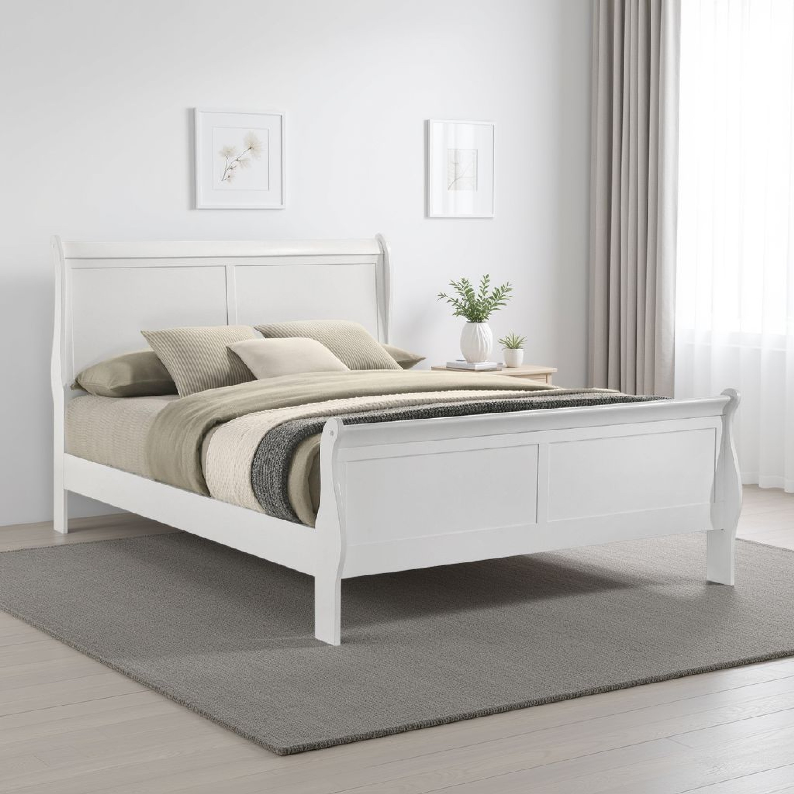 Nim Full Size Bed, Sleigh Panel Headboard Design, White, Low Profile
