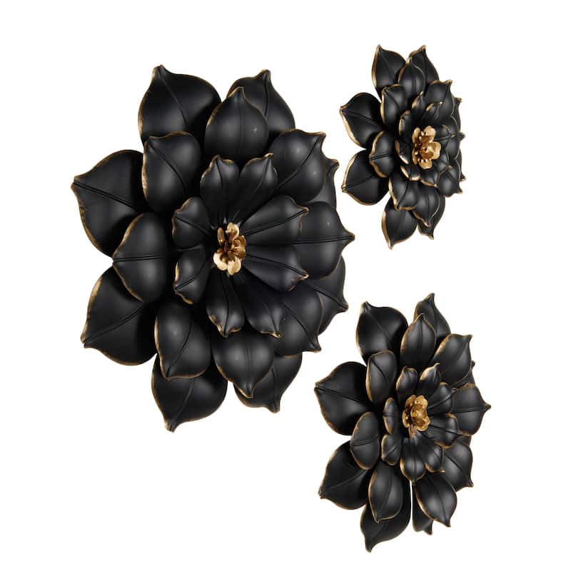 Metal Floral 3D Wall Decor with Gold Center - Set of 3 Black - Roche River Decor