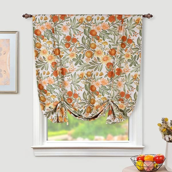 slide 1 of 8, DriftAway Orange Floral Linen Blend Blackout Tie Up Curtain - 45" Width X 63" Length 45" Width X 63" Length - Orange Coral Gold