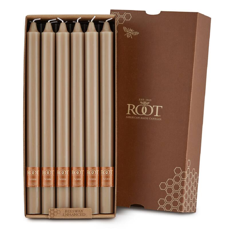 Root 12 inch Unscented Smooth Arista Taper Candles box of 12 - Taupe