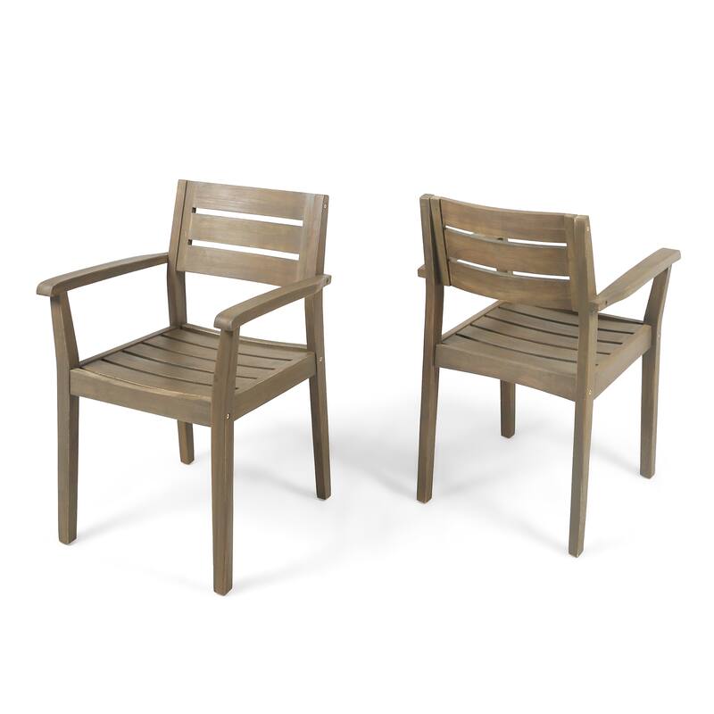 Country Style Outdoor Dining Chairs Set of 2, Acacia Wood Patio Armchair for Backyard, Poolside, Garden