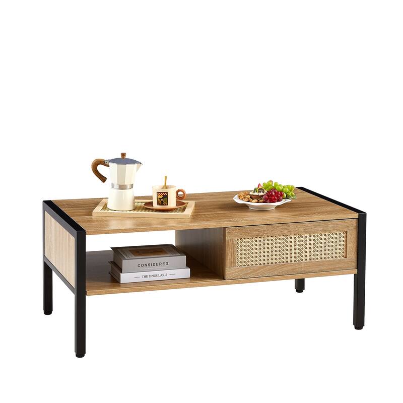 Rattan Coffee Table Modern Living Room Table with Sliding Rattan Door Panel Solid Wood Legs, for Living Room