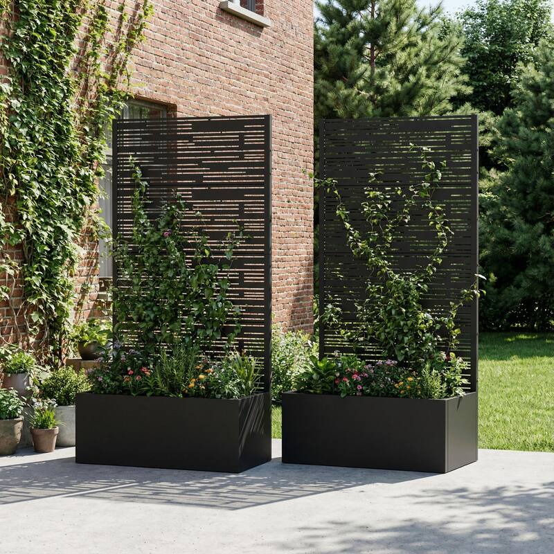 Metal Galvanized Planter Box with Trellis Privacy Screen Lockable Wheels Set of 2