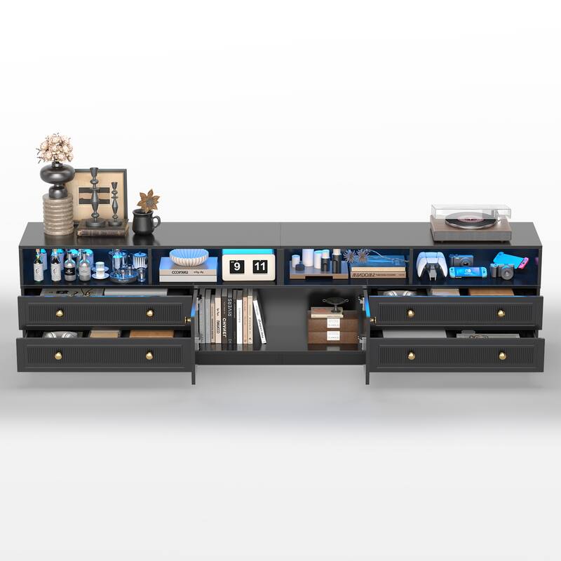 Meyreso 86.6" Modern LED Lighted TV Stand with 4 Open Shelves and Storage Cabinets