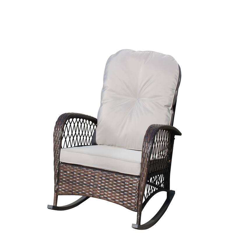 Outdoor Wicker Rocking Chair with Wide Seat, Thick, Soft Cushion, Rattan Rocker w/Steel Frame, High Weight Capacity