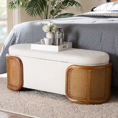 Basira Japandi Cream Boucle Fabric Storage Bench with Woven Rattan