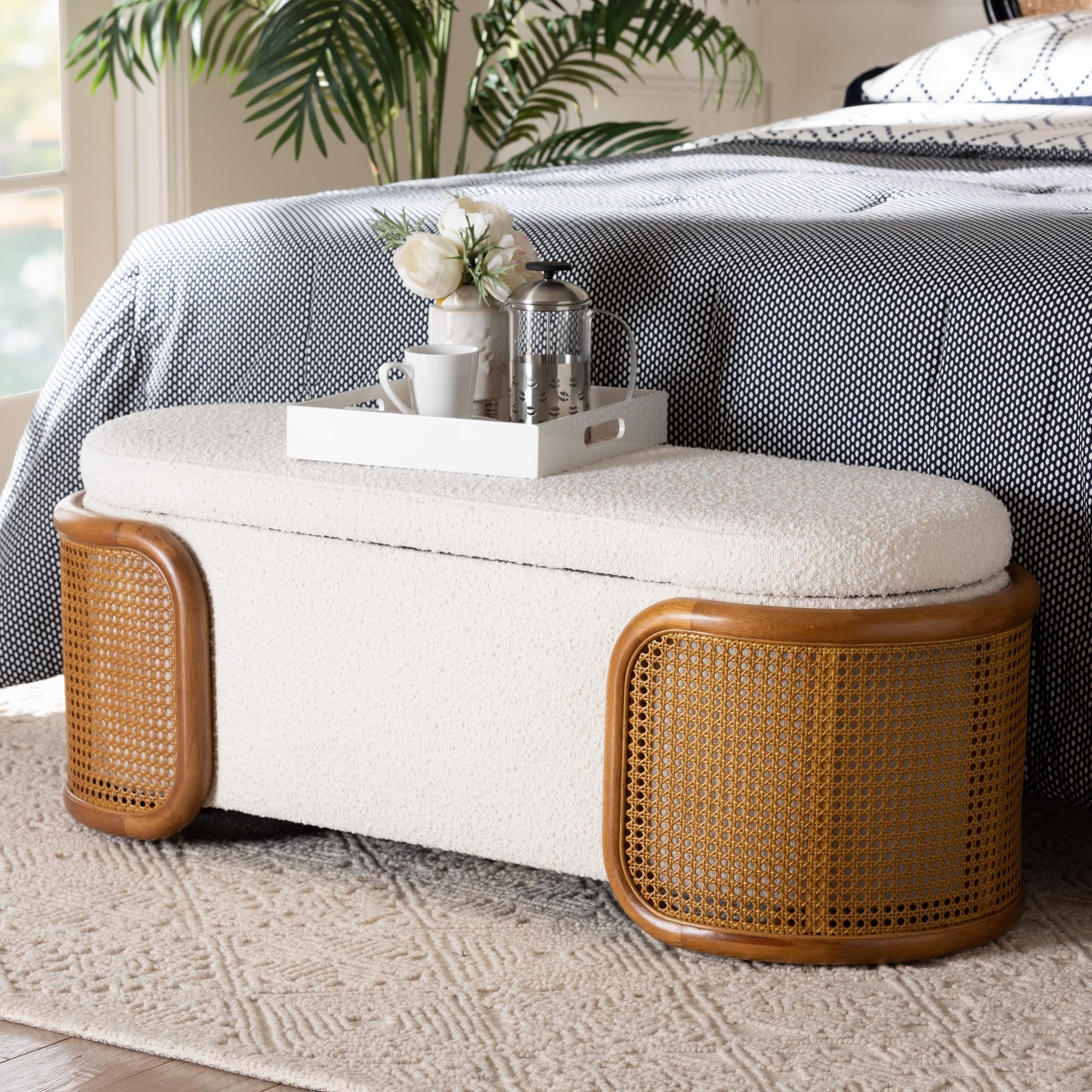 Basira Japandi Cream Boucle Fabric Storage Bench with Woven Rattan