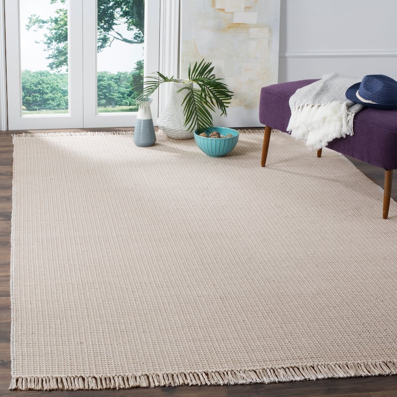 SAFAVIEH, Handmade Montauk Cliff Stripe Flatweave Cotton Fringe Rug - 8' x 10' - Ivory/Grey