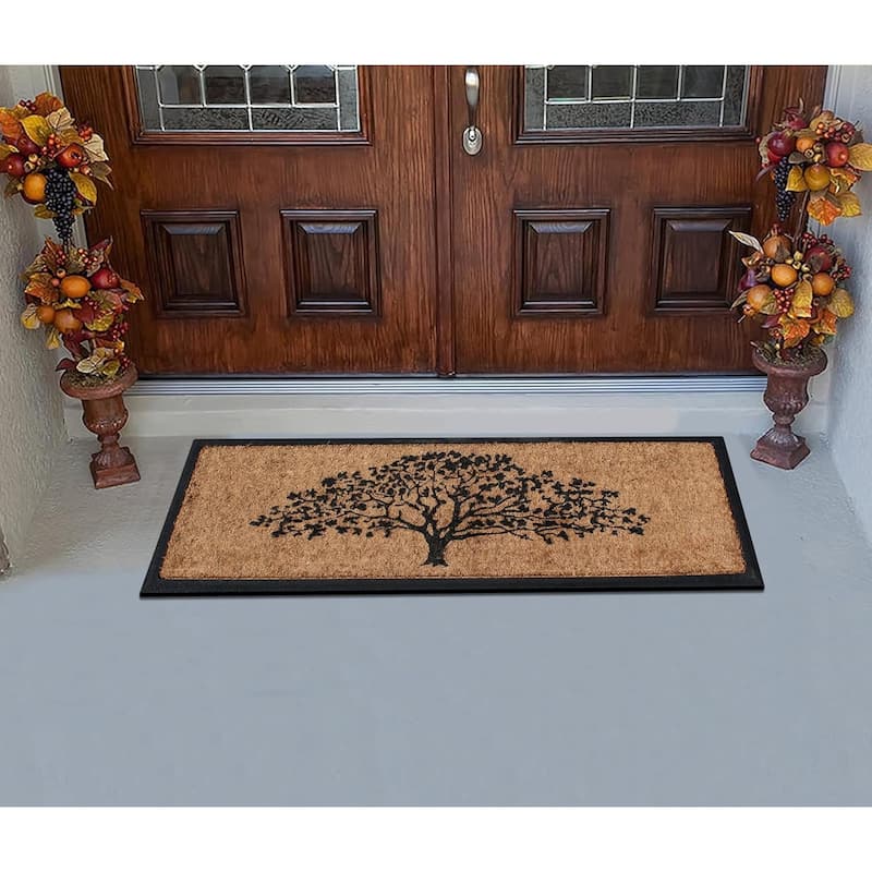 A1HC Flocked Hand-Crafted Rubber Coir Life of Tree Double Door Durable Doormat