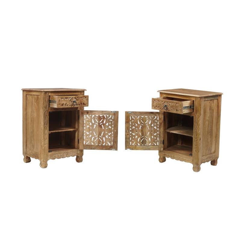 Florence Floral Solid Mango Wood 1-Drawer Nightstand with Cabinet Storage Assembled