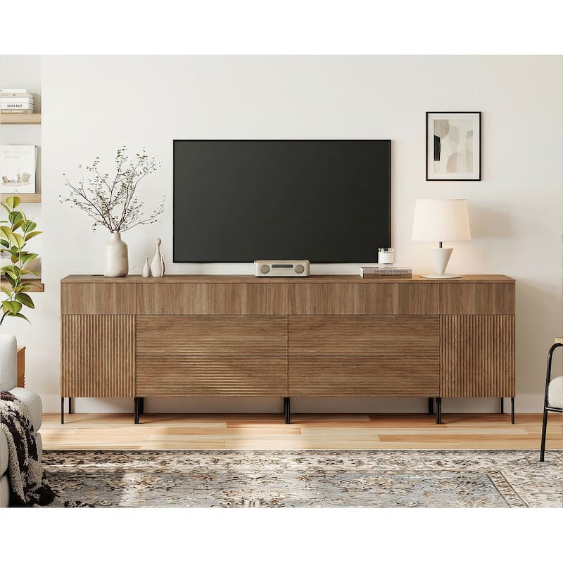 94.5" Long Modern Reeded Dresser TV Stand With Drawers, Entertainment Center With Charging Station - Walnut
