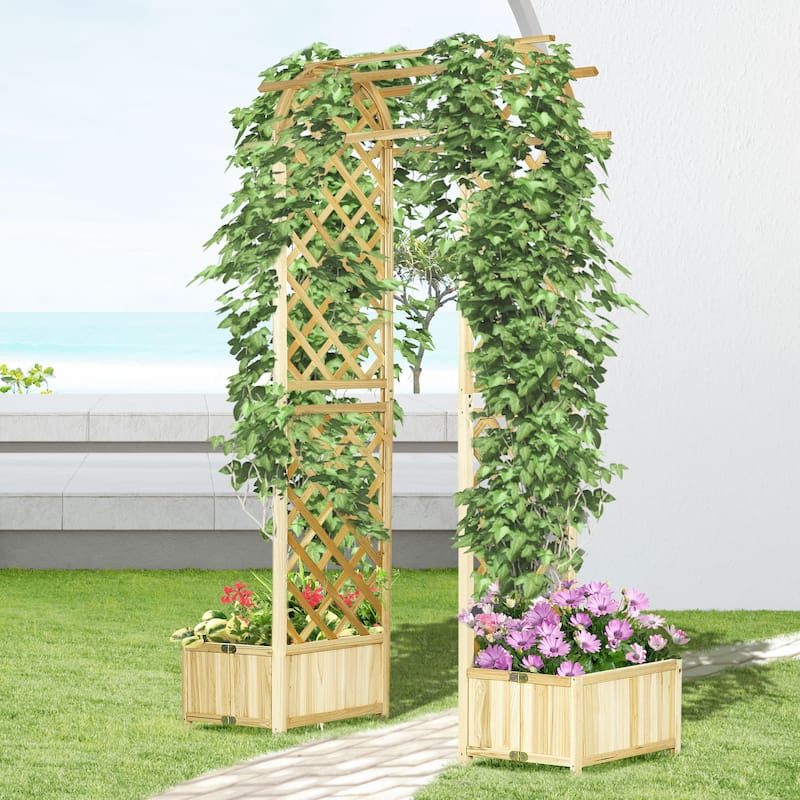 Outsunny 7.5FT Garden Arch Trellis with Foldeable Planter Boxes for Climbing Vines, Outdoor Wooden Garden Arbor - Natural Wood - Wood