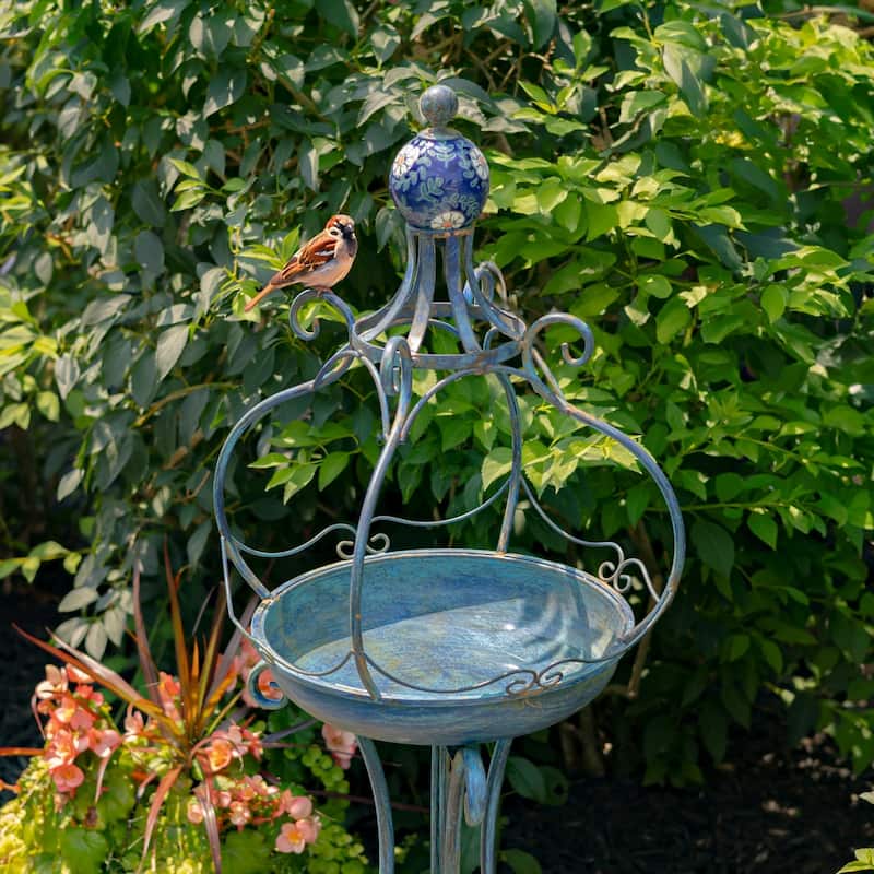 45 Inch Tall Standing Blue Iron Birdbath with Ceramic Sailor Ball - 14.57x14.57x44.88