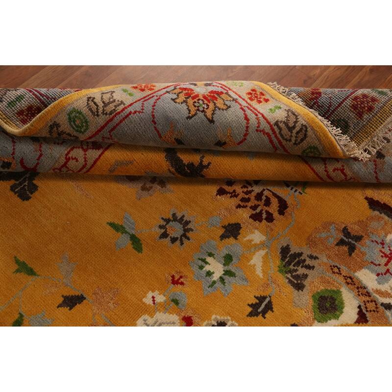 Floral Yellow Heriz Serapi Indian Area Rug Hand-Knotted Wool Carpet - 7'9" x 9'11"