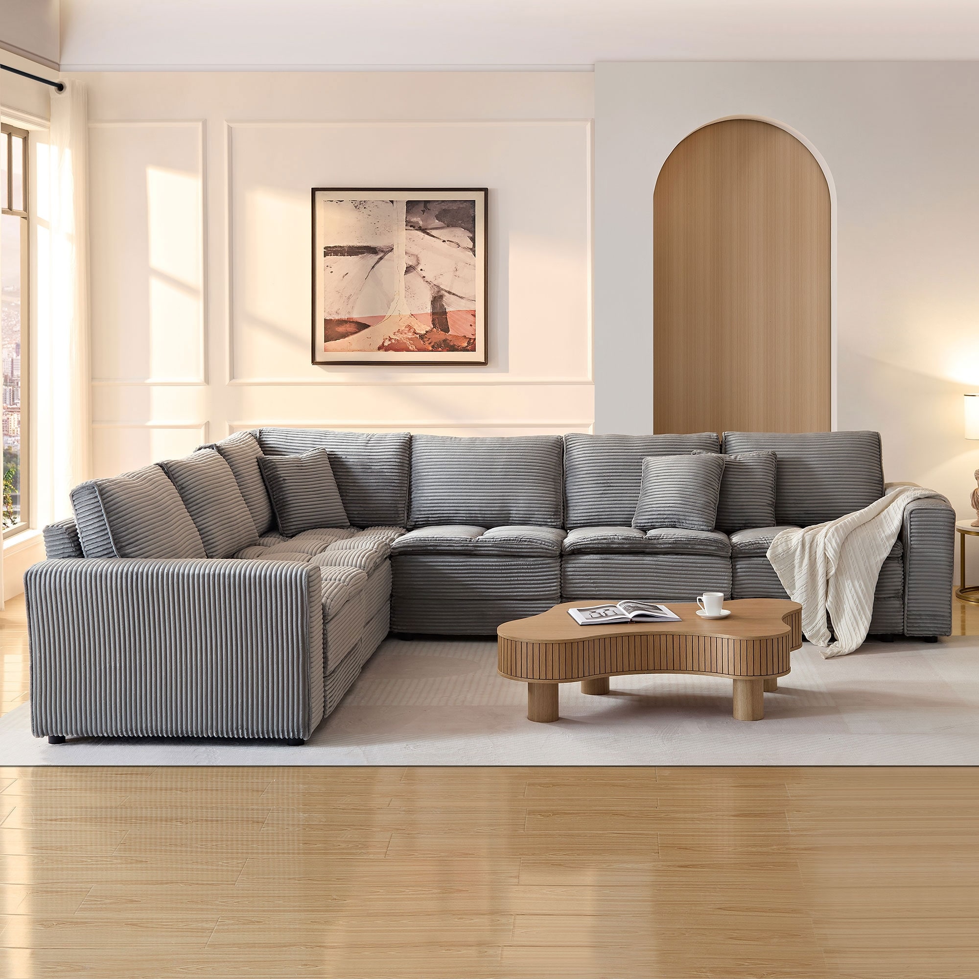 Oversized Living Room Sectional Sofa Corduroy Upholstery L Shaped Corner Couch with Detachable Seat Back Cushion Grey