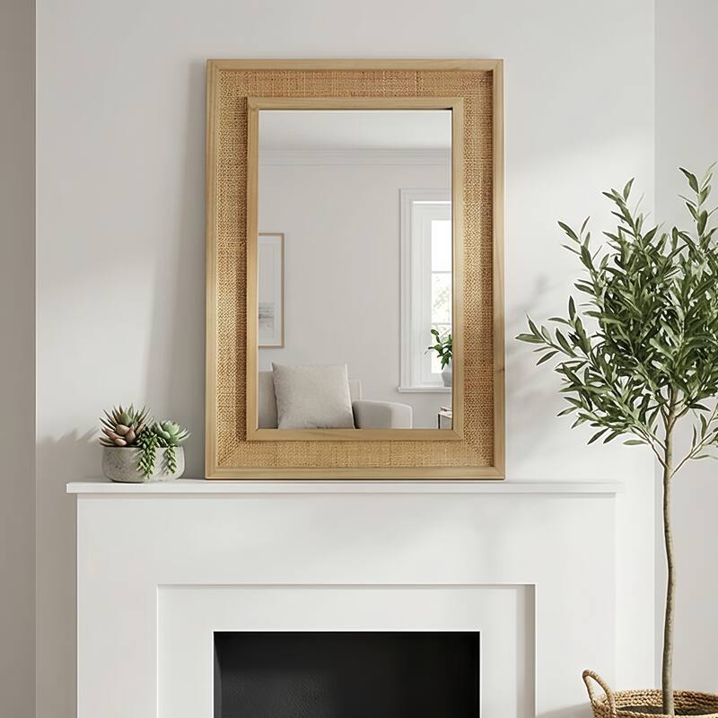 Rattan Rectangle Solid Wood Frame Decorative Mirror