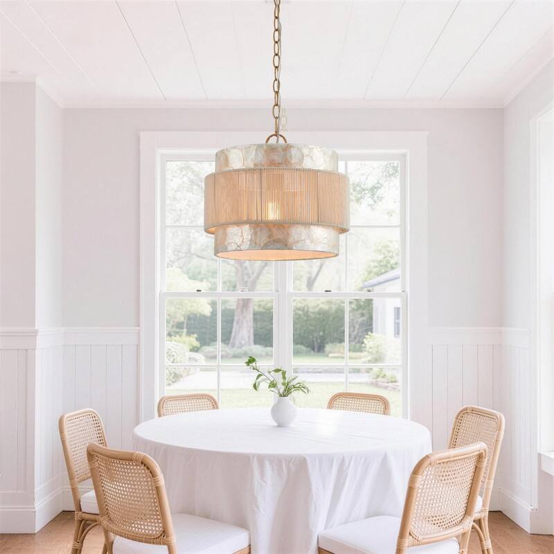 KAWOTI 3-Tire Seashell Pendant Light with Cotton Rope Shade