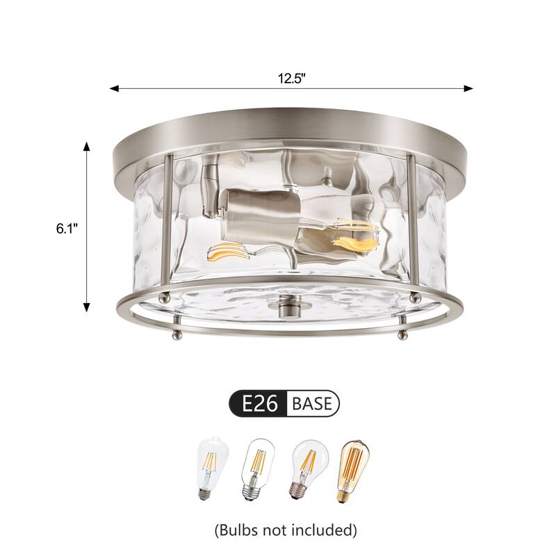 2-Light Flush Mount Water Rippled Glass Ceiling Light with Metal Frame