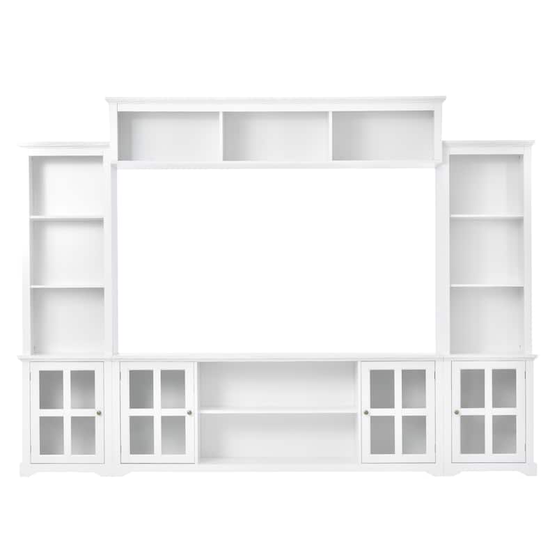 White Entertainment Wall Unit with Bridge and Tempered Glass Door, TV Console Table for TVs up to 70"