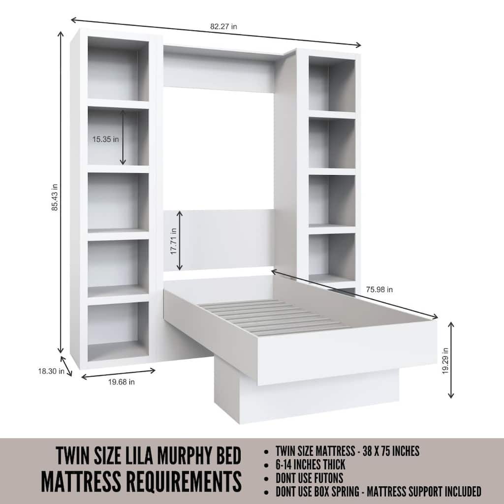Easy-Lift Twin Murphy Wall Bed with Two Bookshelves