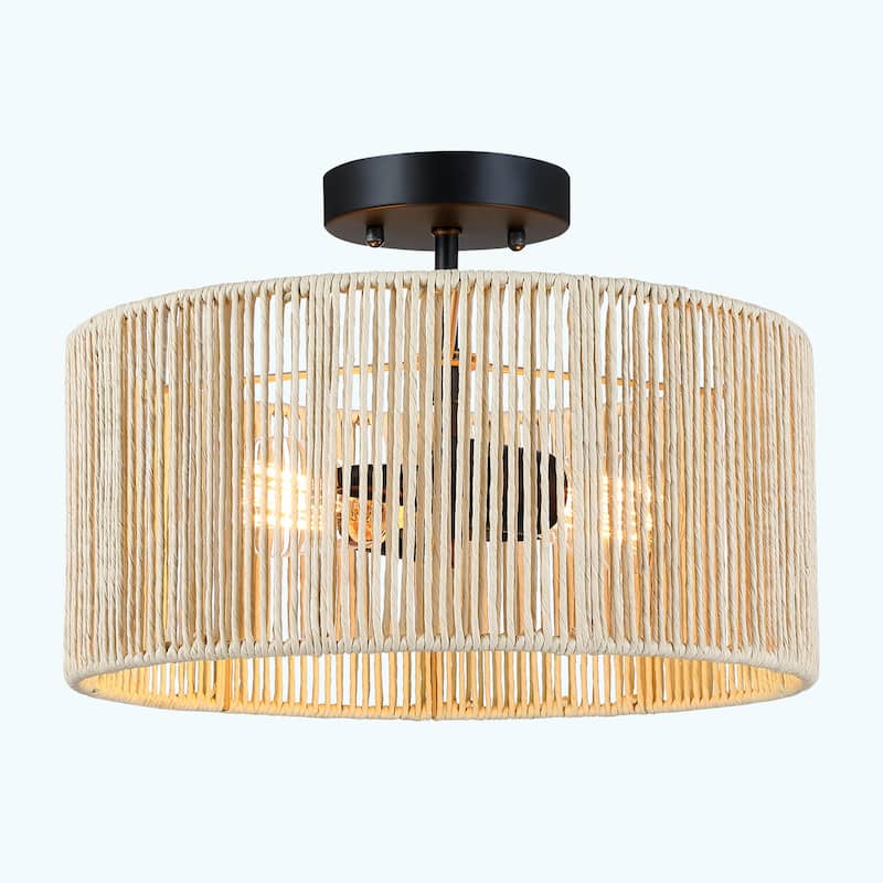 Dorn 2-Light Woven Rope Drum Semi-Flush Mount Ceiling Light - 14"W