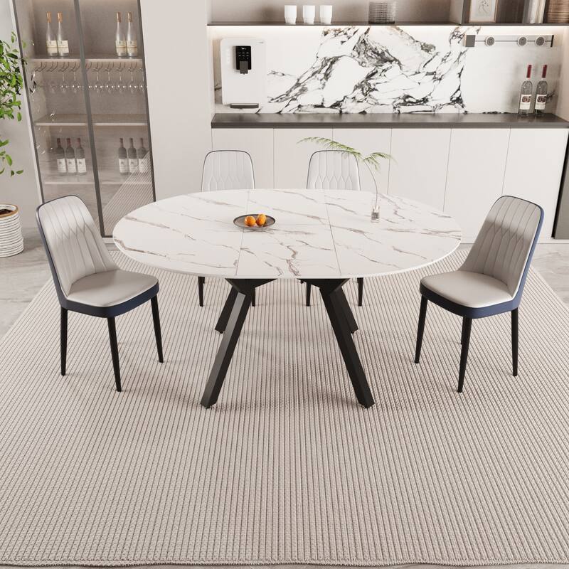 Modern Dining Table Set, Extendable Round Dining Table with 4 PU-Padded Dining Chairs, for Dining Rooms and Kitchens - Black