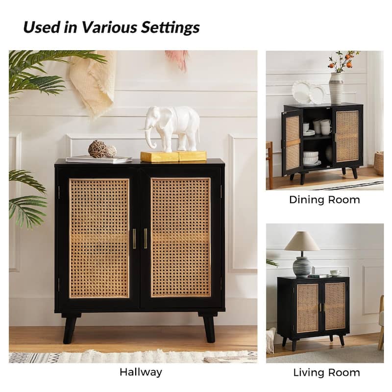 Woodland Multifunctional Rattan-Accented 2-Door Storage Stackable Buffet Cabinet with Solid and Wood Frame by HULALA HOME