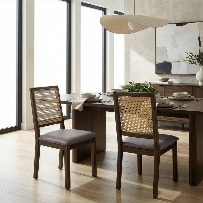 Set of 2 Baines Gray Fabric Dining Chair with High Rattan Back and Walnut Wood Legs