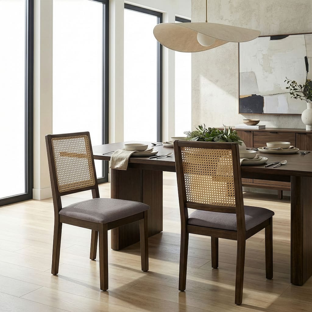 Set of 2 Baines Gray Fabric Dining Chair with High Rattan Back and Walnut Wood Legs