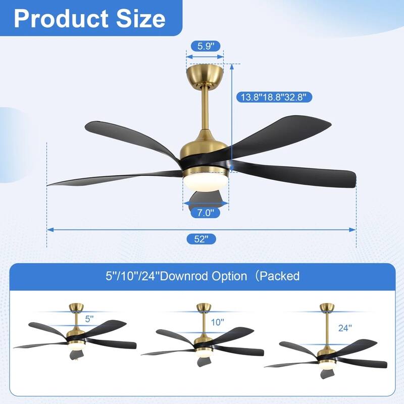 52 Inch Large Ceiling Fan with Light and Remote for Large Living Room Warehouse Outdoor Patio Farmhouse - 52 Inches