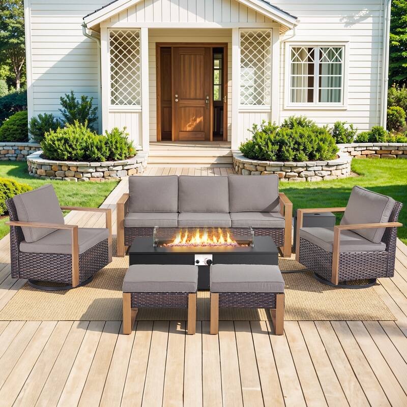 Pocassy Outdoor Sofa Swivel Chair Ottoman w/ 43" Fire Pit Set - Brown Wicker Gray Cushion - 6PCS Fire Table w/ 4-In Sofa Swivel Chair Ottoman