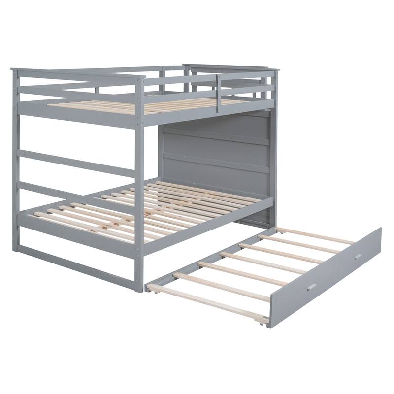 Wooden Full Over Full Bunk Bed Frame with Trundle, Side Storage Drawers, Staircase and Safety Guardrails, Space-Saving Design