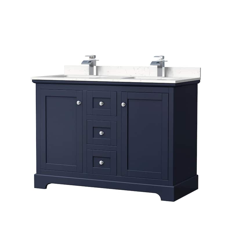 Wyndham Collection Avery 48" Free Standing Double Basin Vanity Set - Dark Blue / Carrara Cultured Marble Top / Polished