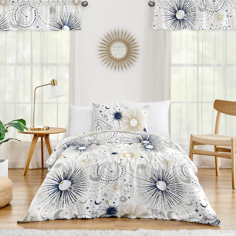 Star and Moon Collection Boy or Girl 2pc Twin Comforter Set - Navy Blue Gold and Grey Celestial Sky Stars Gender Neutral Unisex