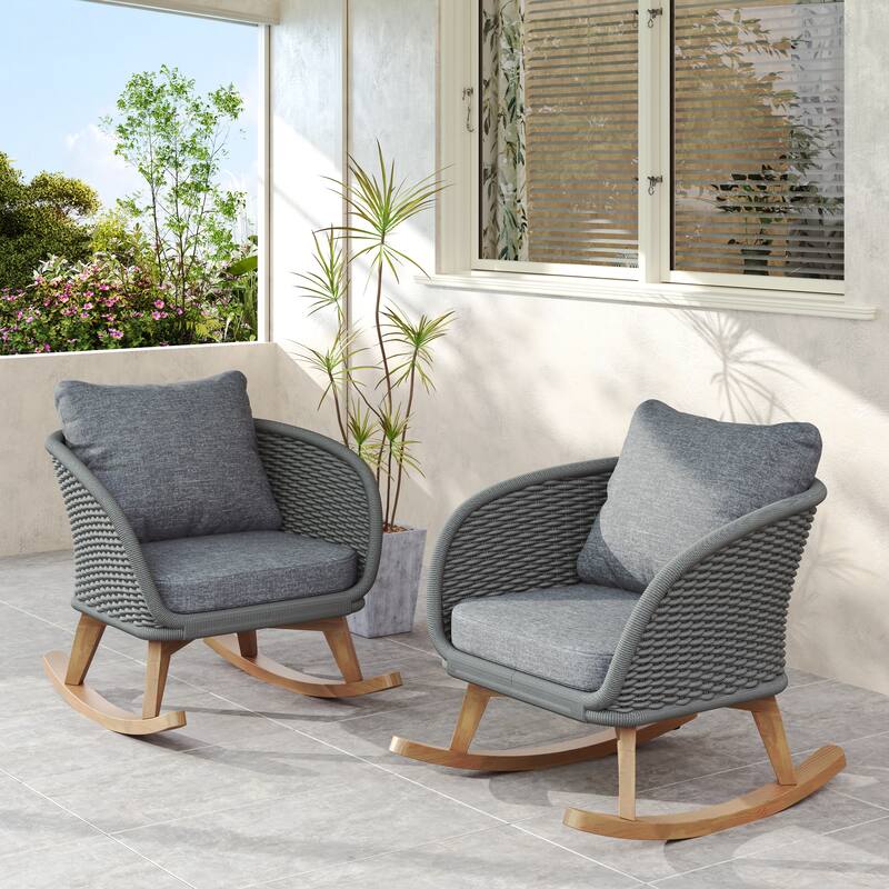 [Set of 2] 29.5" Contemporary Minimalist Gray Wicker Rocking Chair with Soft Polyester Cushions and Durable Wooden Frame