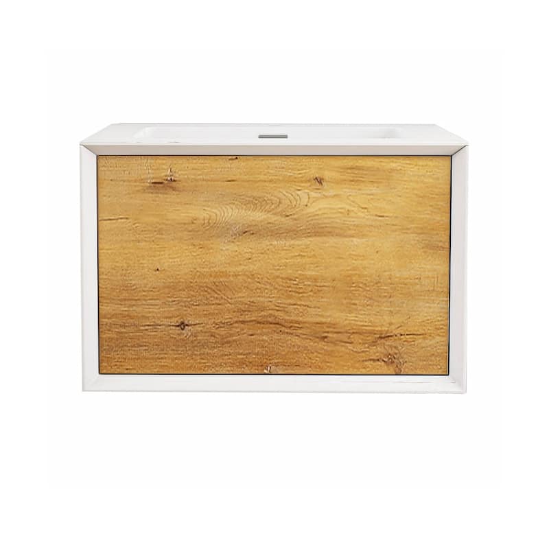 Wall-Mounted 1-drawer Bathroom Vanity Set in White and Oak with Integrated Solid Surface Sink