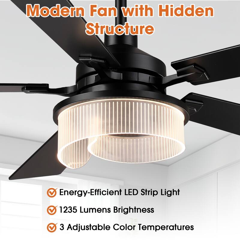52" Modern Black Reversible 5 Blades Dimmable LED Ceiling Fan with Light and Remote