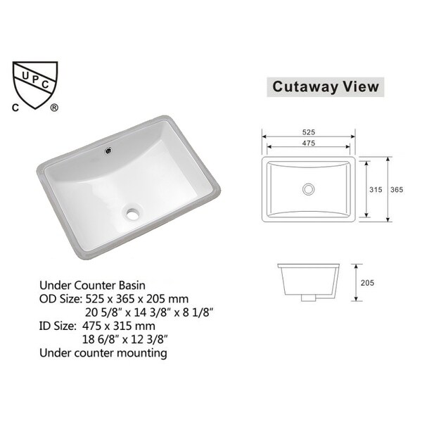 White Ceramic Rectangular Undermount Bathroom Sink with Overflow