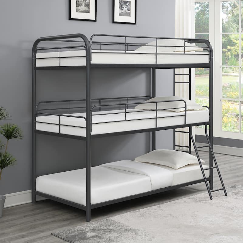 Twin over Twin Size Metal Furniture Triple Bunk Bed with Ladder and Fence for Bedroom, Kids, Boys and Girls - Twin over Twin - Black