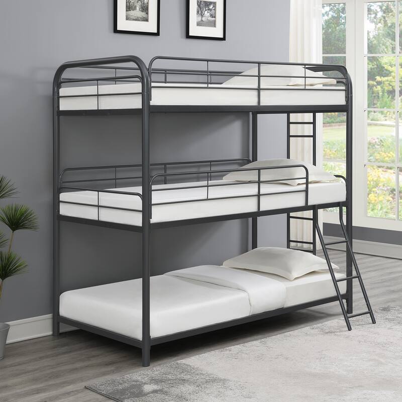 Twin over Twin Size Metal Triple Bunk Bed with Ladder & Fence - Twin over Twin - Black