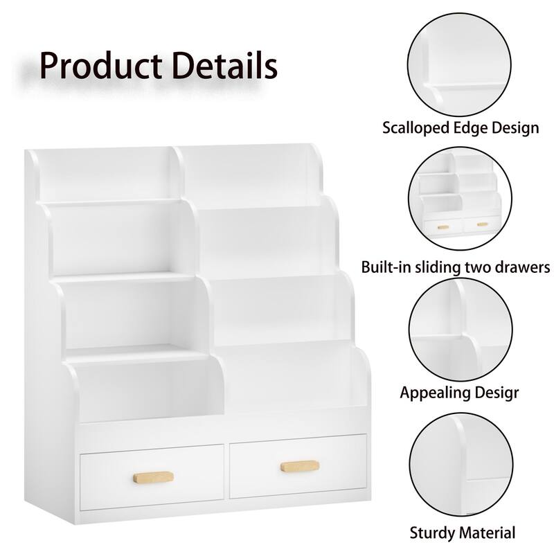 Anmytek Kids Bookshelf with 2 Storage Drawers, Front-Facing Children's Bookcase and Toy Organizer, Multi-Tier Reading Shelf
