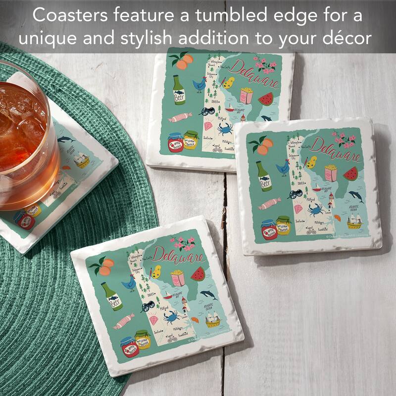 Delaware Home 4-Pack Absorbent Stone Coasters with Protective Cork Backing 4" Square Made in The USA Easily Wipes Clean