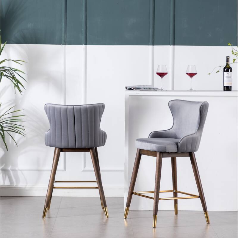 Set of 2 Upholstered Wingback Counter Stools - Mid-Century Fabric Bar Stools with Gold-Tipped Legs for Kitchen & Dining