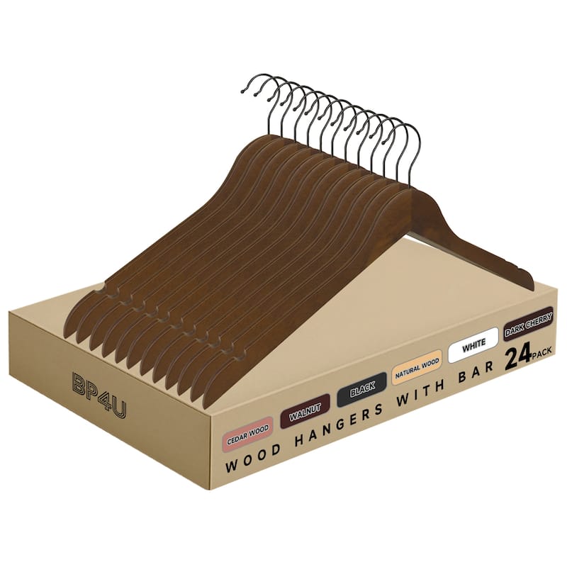 BP4U Premium Wooden Clothes Hangers, Solid Wood Coat Shirt Top Hangers for Jackets, Shirts, Dresses - 24-Pack - Walnut