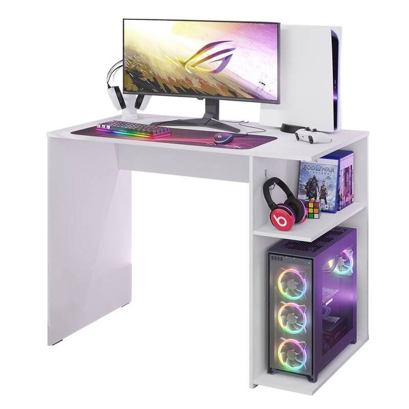 Madesa Gaming Computer Desk with 2 Shelves, Cable Management and Large Monitor Stand, Wood, 21" D x 39" W x 30" H - White